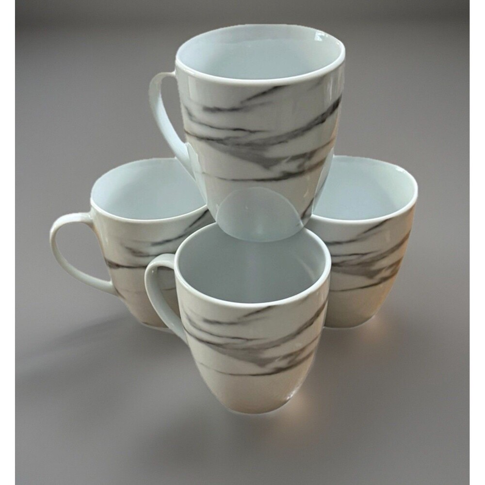 H2K Home to Kitchen Porcelain Grey Marble 10 Oz Cups Mugs - Set Of 4 - BRAND NEW
